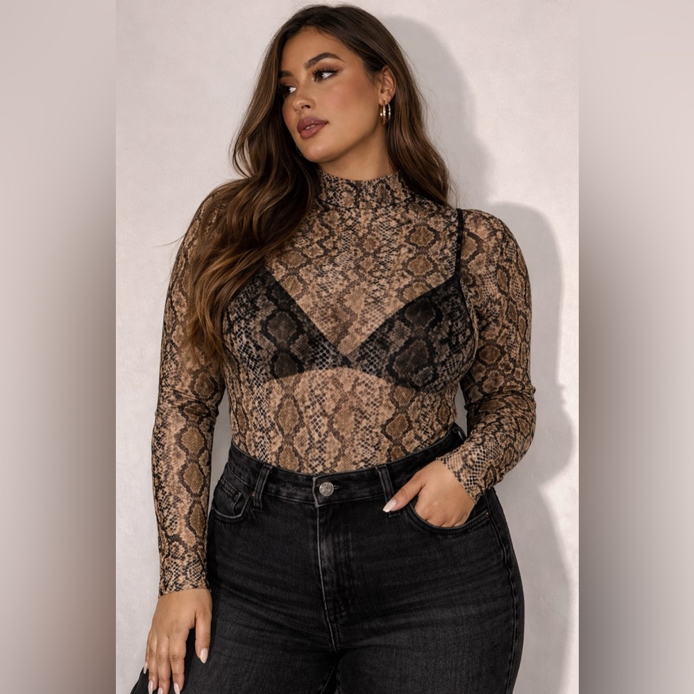 Snake Print Sheer Mock Neck Long Sleeve Mesh Bodysuit Size Large